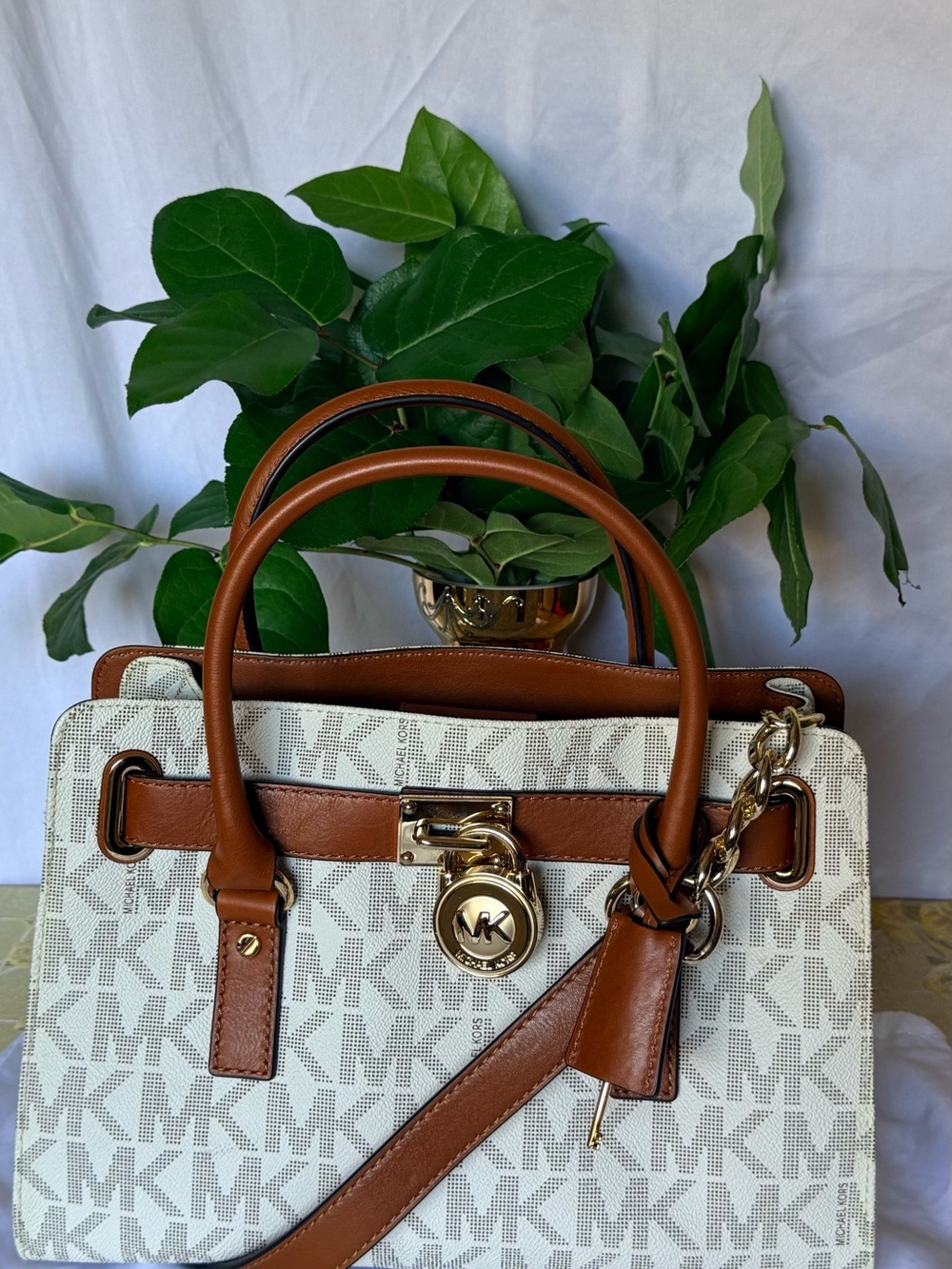 Michael Kors Vanilla & Brown MK Logo Satchel